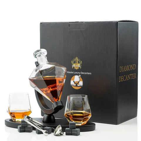 Diamond shaped whiskey decanter set with 2 glasses and a luxury wooden stand