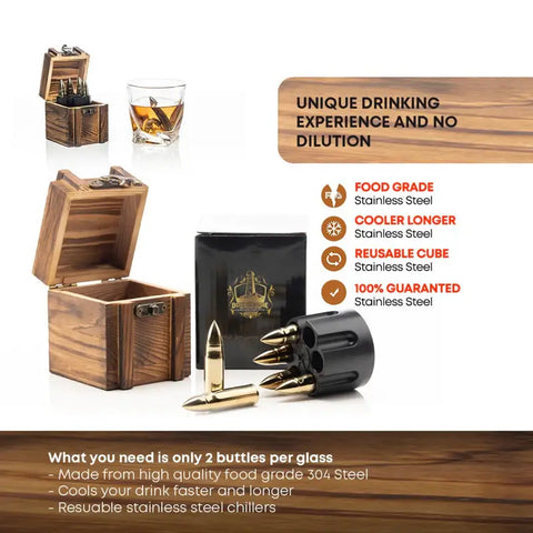 Whisky Bullet Chillers 6 pcs Golden with a Revolver Base and a Wooden Box.