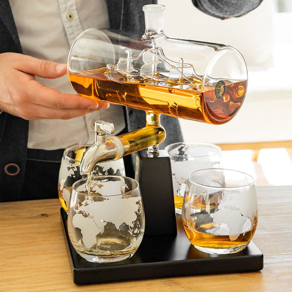 1L Whiskey Or Wine Sailboat Glass Decanter Set - 4x Globe Glasses Wooden Stand | BIG W - View #3